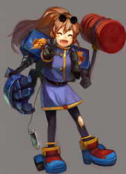 Rule 34 | 1girl, bag, brown hair, child, face, gloves, handheld game console, happy, long hair, md5 mismatch, mechanical arms, mechanical parts, pantyhose, playstation portable, ponytail, precis neumann, resolution mismatch, shirabi, single mechanical arm, solo, source larger, star ocean, star ocean the second story, torn clothes, torn pantyhose, v