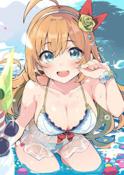 Rule 34 | 1girl, :d, ahoge, aqua eyes, bead bracelet, beads, bikini, bracelet, breasts, commentary request, flower, hair flower, hair ornament, hairband, jewelry, large breasts, long hair, looking at viewer, official alternate costume, open mouth, orange hair, partially submerged, pecorine (princess connect!), pecorine (summer) (princess connect!), princess connect!, rose, ryoito no oka, smile, solo, sunglasses, swimsuit, water, white bikini, white hairband, yellow flower, yellow rose