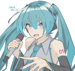 Rule 34 | 1girl, bad id, bad pixiv id, black sleeves, blue eyes, blue hair, blue nails, blue necktie, collared shirt, commentary, dated, detached sleeves, grey shirt, hair between eyes, hands up, hatsune miku, highres, holding, holding microphone, irenji, long hair, looking at viewer, lower teeth only, microphone, nail polish, necktie, open mouth, shirt, simple background, sleeveless, sleeveless shirt, solo, teeth, twintails, upper body, v-shaped eyebrows, vocaloid, white background