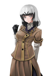 Rule 34 | 1girl, black gloves, black hair, breasts, brown eyes, brown jacket, brown skirt, collared shirt, commentary request, dress shirt, gloves, grey hair, grey shirt, hand up, highres, jacket, layered sleeves, long sleeves, looking at viewer, medium breasts, multicolored hair, pleated skirt, satsuki yomi, shirt, short over long sleeves, short sleeves, simple background, skirt, solo, toji no miko, two-tone hair, white background, yumibakama meme