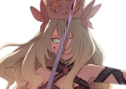 Rule 34 | 1girl, bare shoulders, blonde hair, blood, blood on face, bloody weapon, butterfly hair ornament, celine (fire emblem), crown, fire emblem, fire emblem engage, flower, green eyes, hair flower, hair ornament, hair over one eye, long hair, looking at viewer, mae (ymed930906), nintendo, solo, sword, upper body, weapon, white background