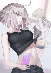 Rule 34 | 2girls, :p, ahoge, artoria pendragon (all), artoria pendragon (fate), blonde hair, blurry, blurry background, breasts, clothes lift, depth of field, fate/grand order, fate (series), food, hair ribbon, jeanne d&#039;arc (fate), jeanne d&#039;arc alter (avenger) (fate), jeanne d&#039;arc alter (fate), long hair, looking at viewer, low ponytail, medium breasts, medium hair, midriff, mins (minevi), multiple girls, nail polish, popsicle, profile, ribbon, saber alter, shirt lift, short shorts, shorts, sideboob, silver hair, small breasts, sweat, tank top, tongue, tongue out, yellow eyes