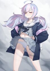 Rule 34 | 1223105337, 1girl, absurdres, ahoge, black neckerchief, blue archive, blue hair, blue jacket, closed eyes, closed mouth, commentary request, doyagao, feet out of frame, grey shirt, grey skirt, hair ornament, hands on own hips, highres, jacket, long hair, long sleeves, midriff peek, multicolored hair, neckerchief, open clothes, open jacket, panties, pantyshot, pink armband, pink hair, pleated skirt, reisa (blue archive), sailor collar, school uniform, serafuku, shirt, skirt, smile, smug, solo, standing, star (symbol), star hair ornament, streaked hair, striped clothes, striped panties, twintails, underwear, wind