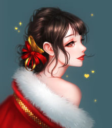 Rule 34 | 1girl, bare shoulders, black hair, blue background, brown eyes, christmas, closed mouth, commentary request, from side, fur trim, gold, hair ribbon, heart, highres, lips, looking at viewer, nose, original, portrait, profile, red lips, rena illusion, ribbon, santa costume, short hair, simple background, solo, sparkle