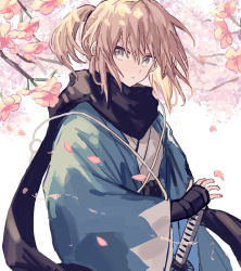 Rule 34 | 1girl, arm guards, black scarf, blonde hair, branch, cherry blossoms, commentary request, fate/grand order, fate (series), from side, grey eyes, hair between eyes, hand up, haori, highres, japanese clothes, katana, kimono, koha-ace, long sleeves, looking at viewer, looking to the side, messy hair, namiharuru, obi, okita souji (fate), okita souji (koha-ace), open clothes, parted lips, ponytail, sash, scarf, short hair, short ponytail, sidelocks, solo, standing, sword, upper body, weapon, white kimono, wide sleeves