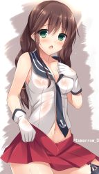 Rule 34 | 1girl, anchor print, bare shoulders, black necktie, blush, breasts, brown hair, cleavage, collar, garter straps, gloves, green eyes, hair between eyes, highres, kantai collection, long hair, looking at viewer, medium breasts, miniskirt, navel, necktie, noshiro (kancolle), open mouth, pleated skirt, red skirt, see-through, shirt, sideboob, skirt, sleeveless, sleeveless shirt, solo, standing, tomoo (tomo), white background, white gloves, white shirt