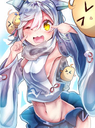 Rule 34 | 1girl, 2others, absurdres, animal ears, armpits, azur lane, bad id, bad pixiv id, bell, bird, blue hair, blue skirt, chick, detached sleeves, fang, fox ears, fubuki (azur lane), hair bell, hair ornament, highres, looking at viewer, midriff, multiple others, navel, one eye closed, open mouth, pleated skirt, scarf, short hair, skirt, smile, tub (abcehknqux), white scarf, yellow eyes