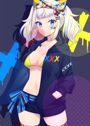 Rule 34 | 1girl, belt, bikini, bikini top only, black jacket, black shorts, blue eyes, blue ribbon, breasts, blowing bubbles, character name, chewing gum, cleavage, collarbone, cowboy shot, d-pad, d-pad hair ornament, drop shadow, facial mark, hair ornament, hairclip, hands in pockets, haruyuki 14, highres, hood, hood down, hooded jacket, jacket, kaguya luna, large breasts, long hair, long sleeves, looking at viewer, micro shorts, multicolored hair, navel, open clothes, open jacket, polka dot, polka dot background, ribbon, short shorts, shorts, sidelocks, silver hair, solo, standing, stomach, streaked hair, swimsuit, the moon studio, thighhighs, twintails, virtual youtuber, white ribbon, yellow bikini