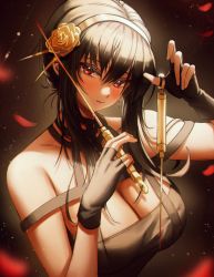 Rule 34 | 1girl, absurdres, bare shoulders, black gloves, black hair, blush, breasts, cleavage, closed mouth, dagger, fingerless gloves, gloves, gold hairband, golden rose, hairband, highres, holding, holding dagger, holding knife, holding weapon, knife, large breasts, long hair, looking at viewer, nompang, red eyes, solo, spy x family, upper body, weapon, yor briar