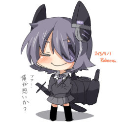Rule 34 | 10s, 1girl, artist name, chibi, dated, eyepatch, closed eyes, kantai collection, lowres, purple hair, rebecca (keinelove), short hair, smile, solo, sword, tenryuu (kancolle), weapon