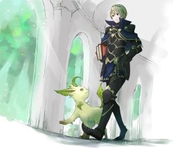 Rule 34 | 1boy, armor, black armor, blonde hair, book, capelet, closed mouth, creatures (company), dated, fire emblem, fire emblem fates, game freak, gen 4 pokemon, greaves, hairband, holding, holding book, leafeon, leo (fire emblem), nintendo, pokemon, pokemon (creature), robaco, short hair, smile, standing, twitter username