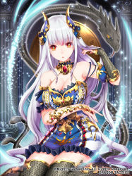 Rule 34 | 1girl, bare shoulders, black thighhighs, blue dress, breasts, copyright name, detached collar, dragon, dragon tactics, dress, gem, gold trim, hand up, highres, horns, indoors, long hair, looking at viewer, medium breasts, official art, short sleeves, sitting, skyscope, snake, solo, thighhighs, wariza, white hair