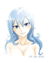 Rule 34 | 1girl, 2018, armpits, arms at sides, artist request, blue eyes, blue hair, breasts, casual nudity, collarbone, completely nude, curvy, dated, eyelashes, facing viewer, fairy tail, female focus, fingernails, hair between eyes, half-closed eyes, happy, head tilt, highres, juvia lockser, large breasts, long hair, looking at viewer, matching hair/eyes, neck, nude, seductive smile, shiny skin, side bangs, sidelocks, simple background, smile, smirk, smug, standing, topless, topless frame, traditional media, unworn clothes, upper body, wavy hair, white background