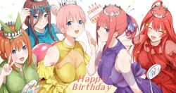 Rule 34 | 5girls, :d, ahoge, birthday cake, birthday glasses, black ribbon, blue-framed eyewear, blue dress, blue eyes, breasts, brown hair, butterfly hair ornament, cake, chicke iii, commentary request, crown, detached sleeves, dress, food, go-toubun no hanayome, green dress, green hairband, hair ornament, hair ribbon, hairband, happy birthday, highres, large breasts, long hair between eyes, multiple girls, nakano ichika, nakano itsuki, nakano miku, nakano nino, nakano yotsuba, open mouth, orange hair, pink hair, ponytail, purple dress, quintuplets, red dress, red hair, ribbon, simple background, smile, star (symbol), star hair ornament, v, white background, yellow dress