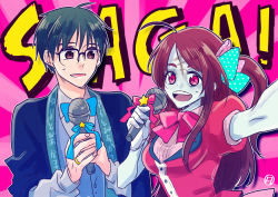 Rule 34 | 1boy, 1girl, :d, black hair, blue skin, bow, bowtie, brown eyes, collared shirt, colored skin, company connection, crossover, english text, glasses, hair bow, jewelry, katsuki yuuri, microphone, minamoto sakura, open mouth, pink hair, polka dot, polka dot bow, puffy short sleeves, puffy sleeves, reaching, reaching towards viewer, red eyes, ring, scar, scar on face, selfie, shirt, short sleeves, smile, studio mappa, tanao, trait connection, yuri!!! on ice, zombie, zombie land saga