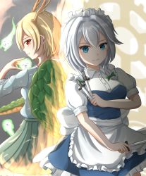 Rule 34 | 2girls, antlers, apron, back-to-back, between fingers, blonde hair, blue dress, blue eyes, blue shirt, blue skirt, bow, breasts, closed mouth, collared shirt, dragon horns, dragon tail, dress, green bow, hair bow, hair intakes, hair ribbon, hatoman (ytef4434), highres, holding, holding knife, horns, izayoi sakuya, kicchou yachie, knife, large breasts, light blush, looking at viewer, maid headdress, multiple girls, otter spirit (touhou), parted lips, profile, puffy short sleeves, puffy sleeves, red eyes, ribbon, shirt, short hair, short sleeves, sideways glance, silver hair, simple background, skirt, slit pupils, small breasts, smile, tail, throwing knife, touhou, tress ribbon, turtle shell, waist apron, weapon, white apron, white headwear, wing collar