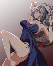 Rule 34 | 1girl, absurdres, alternate costume, arms up, bare shoulders, blush, bracelet, braid, breasts, choker, cleavage, closed mouth, collarbone, commentary request, dress, flower, granblue fantasy, hair between eyes, highres, jewelry, kappa (moonsidekanade), large breasts, leg up, long hair, looking at viewer, lying, nail polish, on back, pink nails, purple dress, red flower, red rose, rose, silva (gentian blue) (granblue fantasy), silva (granblue fantasy), silver hair, thighs, twin braids, wavy hair, yellow eyes