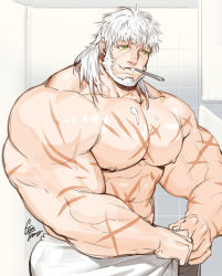 Rule 34 | 1boy, abs, artist name, bara, bathroom, bear, biceps, facial hair, fang, gomtang, green eyes, kresnik (housamo), large pectorals, long hair, looking to the side, male focus, manly, mature male, muscular, muscular male, pectorals, scar, scar across eye, scar on arm, scar on chest, scar on stomach, signature, smile, solo, thick arms, tokyo houkago summoners, toothbrush, towel, towel around waist, veins, veiny arms, white hair