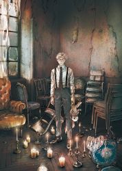 Rule 34 | 1boy, armchair, bandages, black footwear, blindfold, candle, candlelight, candlestand, chair, collared shirt, curtains, dilapidated, doll, expressionless, full body, highres, holding, holding doll, kobone awaki, light, light particles, male focus, necktie, original, pants, shirt, shoes, short hair, standing, suspenders, white hair, white shirt, window, wooden floor