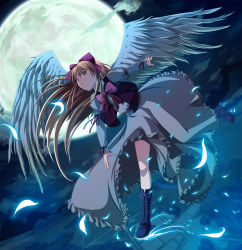 Rule 34 | 1girl, angel wings, blonde hair, boots, bow, bowtie, cloud, cross-laced footwear, dark, demon, feathers, female focus, flying, full moon, gengetsu (touhou), hair bow, lace-up boots, lotus land story, moon, night, red bow, ribbon, scenery, solo, touhou, touhou (pc-98), tree, vest, wings, yellow eyes, yozo (yozo2000)