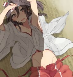 Rule 34 | 10s, 1girl, arms up, blush, breasts, brown eyes, brown hair, cleavage, flat chest, gradient background, groin, hachimaki, hair between eyes, hair ribbon, hand on forehead, headband, high ponytail, hita (hitapita), japanese clothes, kantai collection, light brown hair, long hair, looking at viewer, navel, open mouth, partially undressed, ponytail, ribbon, small breasts, solo, tatami, tears, zuihou (kancolle)