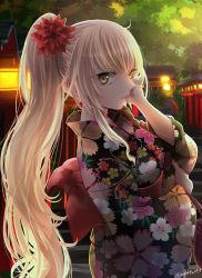 Rule 34 | 1girl, alternate costume, alternate hairstyle, architecture, blonde hair, blurry, cowboy shot, depth of field, east asian architecture, fate/grand order, fate (series), floral print, from side, japanese clothes, jeanne d&#039;arc (fate), jeanne d&#039;arc alter (avenger) (fate), jeanne d&#039;arc alter (fate), kimono, kinchaku, long hair, looking at viewer, looking to the side, obi, omizu (omz), parted lips, ponytail, pouch, sash, sidelocks, solo, torii, twitter username, very long hair, wide sleeves, yellow eyes, yukata