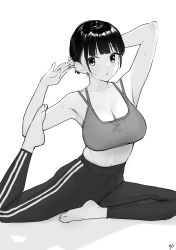 Rule 34 | 1girl, absurdres, armpits, barefoot, blunt bangs, breasts, cleavage, collarbone, flexible, greyscale, high-waist pants, highres, large breasts, midriff, monochrome, original, pants, short hair, solo, sports bra, stretching, sweat, sweaty clothes, takenoko no you, track pants, yoga