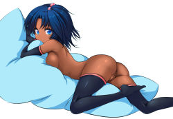 Rule 34 | 1girl, anus, aqua eyes, ass, black thighhighs, blue hair, breasts, cleft of venus, dark-skinned female, dark skin, detached sleeves, female focus, gundam, hair bobbles, hair ornament, looking back, lying, nude, on stomach, one side up, pillow, pussy, rachel ransom, sd gundam g-generation, short hair, simple background, smile, solo, thighhighs, uncensored, white background, zizi (zz22)