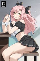 Rule 34 | 1girl, alternate costume, bare shoulders, black ribbon, black skirt, blush, breasts, crop top, feet out of frame, green eyes, hair ribbon, highres, interlocked fingers, large breasts, linreplica, long hair, looking at viewer, midriff, miniskirt, nail polish, nicole demara, off-shoulder shirt, off shoulder, own hands together, parted lips, pink hair, pleated skirt, puffy short sleeves, puffy sleeves, ribbon, shirt, short sleeves, sitting, skirt, solo, stomach, stool, thighs, very long hair, wrist cuffs, zenless zone zero