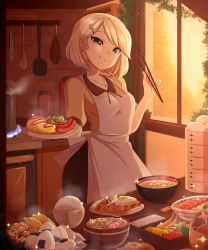 Rule 34 | 1girl, 2019, apron, artist name, bad id, bad pixiv id, bamboo steamer, basket, bento, blonde hair, borrowed character, bowl, bread slice, checkerboard cookie, chopsticks, commentary, cookie, dango, earrings, egg (food), english commentary, food, food art, fried egg, fried egg on toast, green eyes, hair ornament, hairclip, head tilt, highres, indoors, jewelry, kitchen, looking at viewer, merunyaa, miso soup, necklace, noodles, omelet, omurice, onigiri, original, patreon username, pixiv username, plate, puffy sleeves, ramen, rice, sammy (bestsammy), sausage, short hair, shrimp, shrimp tempura, signature, smile, solo, sparkle, spatula, spoon, steam, stove, taiyaki, tako-san wiener, tempura, toast, wagashi, watermark, whisk, white apron, window