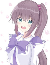 Rule 34 | 1girl, absurdres, blue eyes, blush, bow, breasts, brown gloves, gloves, hakuryou high school uniform, highres, juliet sleeves, long hair, long sleeves, looking at viewer, medium breasts, muv-luv, open mouth, paw print, puffy sleeves, purple bow, school uniform, shirt, side ponytail, sin sin shinji, tsukiji tae, upper body, very long hair, white background, white shirt