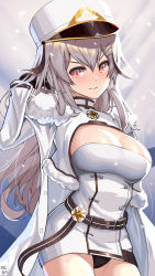 Rule 34 | 1girl, artist name, azur lane, belt, black panties, blush, breasts, buttons, closed mouth, coat, commentary, cowboy shot, double-breasted, fur-trimmed coat, fur trim, gangut (azur lane), grey hair, hair between eyes, hat, head tilt, highres, large breasts, long hair, military, military hat, military uniform, mole, mole under eye, panties, pantyshot, pink eyes, sidelocks, signature, smile, solo, standing, team moka, underwear, uniform, white coat