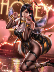 Rule 34 | 1girl, arthropod girl, bee costume, bee girl, black hair, breasts, brown eyes, detached sleeves, dutch angle, earrings, fake antennae, fake wings, final fantasy, final fantasy vii, final fantasy vii remake, fishnet legwear, fishnets, headband, high heels, highres, honey bee inn, insect girl, insect wings, jewelry, large breasts, liang xing, long hair, looking at viewer, nail polish, parted bangs, patreon username, paw pose, signature, smile, solo, square enix, standing, standing on one leg, stud earrings, tifa lockhart, watermark, web address, wings