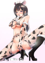 Rule 34 | 1girl, after masturbation, animal ears, animal print, boots, bottle, bra, chaps, cow ears, cow horns, cow print, cross-laced footwear, crotchless, crotchless pantyhose, dress, elbow gloves, female masturbation, fur-trimmed dress, fur trim, gloves, high heel boots, high heels, horns, knee boots, lace-up boots, masturbation, milk, milk bottle, open mouth, original, pantyhose, purple eyes, smile, solo, ten plo, underwear