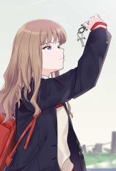 Rule 34 | 1girl, absurdres, accessories, ankh, backpack, bag, black jacket, blue eyes, brown hair, gridman universe, hand up, highres, jacket, long hair, looking at another, minami yume, sky, smile, solo, ssss.dynazenon, sweater, upper body, wasi