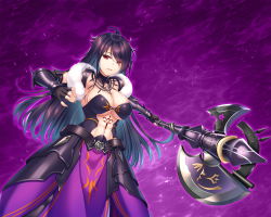 Rule 34 | 1girl, armor, black gloves, blue hair, breasts, charlotte vie atrustia, faulds, fingerless gloves, floating hair, game cg, gloves, gradient hair, hair between eyes, halberd, highres, holding, holding polearm, holding weapon, ko~cha, large breasts, long hair, looking at viewer, midriff, multicolored hair, navel, open mouth, polearm, purple background, purple hair, purple skirt, red eyes, sideboob, skirt, solo, standing, stomach, underboob, very long hair, weapon, yuukyuu no campanella