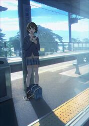 1girl bag black_hair blazer blue_sky brown_eyes building day highres holding jacket long_sleeves looking_at_viewer open_mouth original outdoors plaid_clothes plaid_skirt pleated_skirt sakeharasu school_bag school_uniform shoes short_hair skirt sky smile solo standing train_station