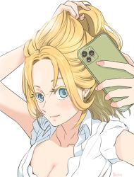 Rule 34 | 1girl, adjusting hair, arm up, blonde hair, blue eyes, blush, breasts, casual, cellphone, cleavage, closed mouth, commentary request, dress shirt, ei (akinosakae), girls und panzer, hand in own hair, holding, holding phone, kay (girls und panzer), long hair, looking at viewer, medium breasts, nail polish, one-hour drawing challenge, phone, pink nails, selfie, shirt, short sleeves, sleeves rolled up, smartphone, smile, solo, twitter username, white shirt