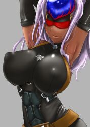 Rule 34 | 1girl, arc system works, armpits, belt, blush, breasts, cosplay, crossover, curvy, elbow gloves, forehead jewel, gloves, guilty gear, highres, huge breasts, long hair, mature female, namco, nipples, potikawauowou, purple hair, shizel, sleeveless, smile, tales of (series), tales of eternia, tales of the rays, visor (armor), zato-1