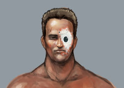 Rule 34 | 1boy, absurdres, arnold schwarzenegger, black eyes, blood, blood on face, brown hair, chanta (ayatakaoisii), closed mouth, copyright request, grey background, highres, looking at viewer, male focus, parody, robot, short hair, simple background, solo, terminator (series), the terminator