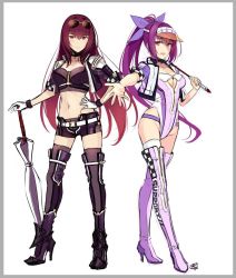 Rule 34 | 2girls, alternate costume, belt, black legwear, boots, breasts, checkered pattern, cleavage, closed mouth, closed umbrella, clothing cutout, eyewear on head, fate/grand order, fate (series), gloves, hand on own hip, high heel boots, high heels, long hair, midriff, multiple girls, okitakung, open mouth, outstretched arm, ponytail, purple hair, race queen, red eyes, scathach (fate), scathach (fate), scathach skadi (fate), see-through, short shorts, short sleeves, shorts, shrug (clothing), simple background, smile, sunglasses, sunglasses on head, thigh boots, thighhighs, thighhighs under boots, umbrella, underboob cutout, visor, white background, white legwear
