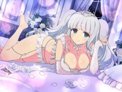 Rule 34 | 1girl, barefoot, bed, bed sheet, bedroom, blue eyes, breasts, choker, cleavage, dress, drill hair, flower, ginrei (senran kagura), grey hair, highres, jewelry, large breasts, looking at viewer, lying, night, night sky, official art, petals, pillow, ring, rose, senran kagura, senran kagura new link, sky, star (sky), starry sky, tiara, wedding dress, wedding lingerie, wedding ring, white flower, white rose