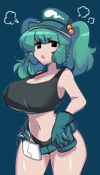Rule 34 | 1girl, puff of air, absurdres, bare shoulders, black eyes, blue background, blue hair, blush, breasts, cleavage, commentary, contrapposto, cowboy shot, crop top, glaring, gloves, hair bobbles, hair ornament, hand on own hip, highres, huge breasts, kawashiro nitori, long hair, midriff, missandydandy, navel, open mouth, outline, sideboob, solo, symbol-only commentary, thick thighs, thighs, touhou, triangle mouth, two side up, v-shaped eyebrows