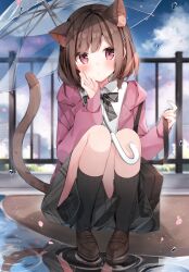 Rule 34 | 1girl, animal ears, blurry, blurry background, blush, brown eyes, brown hair, cat ears, cat tail, extra ears, heripiro, highres, holding, holding umbrella, jacket, looking at viewer, open clothes, open jacket, original, outdoors, petals, puddle, reflection, short hair, skirt, solo, squatting, tail, umbrella