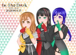 Rule 34 | 3girls, ;), alternate hairstyle, aqua hair, artist name, artist request, azalea (love live!), belt, black belt, black bow, black choker, black dress, black hair, black hairband, black pants, black shorts, blue hair, blunt bangs, blush, bow, breasts, brown eyes, brown hair, buttons, choker, cleavage, collarbone, curly hair, dress, earrings, female focus, finger to mouth, frilled dress, frilled sleeves, frills, gloves, green dress, green eyes, green gloves, grey bow, hair between eyes, hairband, high ponytail, highres, himitsu no story (love live!), in the dark (love live!), jewelry, kunikida hanamaru, kurosawa dia, layered skirt, light brown hair, long hair, long sleeves, looking at viewer, love live!, love live! school idol festival, love live! sunshine!!, low-tied long hair, matsuura kanan, medium breasts, miniskirt, mole, mole under mouth, multicolored hair, multiple girls, one eye closed, pants, parted lips, plaid, plaid dress, plaid skirt, pleated, pleated dress, pleated skirt, ponytail, purple eyes, red dress, red gloves, red hair, short dress, short sleeves, shorts, shorts under dress, shorts under skirt, skirt, smile, the secret story (love live!), triangle print, two-tone dress, white background, white bow, wink, yellow dress, yellow eyes, yellow gloves, yellow hairband