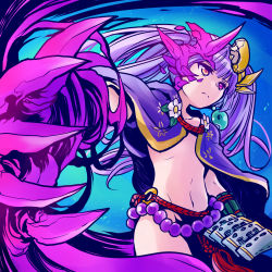Rule 34 | 1girl, androgynous, armor, cape, circlet, claws, gradient background, heterochromia, highres, horns, ishiyumi, long hair, magatama, midriff, navel, no shirt, purple eyes, purple hair, puzzle &amp; dragons, single horn, solo, twintails, yellow eyes, yomi (p&amp;d)