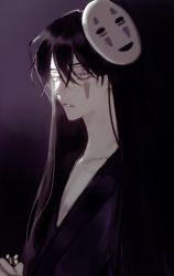 Rule 34 | 1boy, absurdres, bags under eyes, black robe, black theme, eyelashes, facial mark, hair between eyes, highres, holding, kaonashi, long hair, long sleeves, looking afar, lvl229, male focus, mask, mask on head, parted lips, personification, purple background, purple eyes, robe, sen to chihiro no kamikakushi, solo, upper body