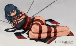Rule 34 | 1girl, bare shoulders, barefoot, bdsm, black dress, blue eyes, blue hair, bondage, bound, bound ankles, bound arms, bound legs, bound torso, breasts, byleth (female) (fire emblem), byleth (fire emblem), chain, choker, cleavage, cloth gag, dancer, dancer (fire emblem: three houses), dress, feet, fire emblem, fire emblem: three houses, full body, gag, gagged, hair between eyes, highres, improvised gag, intelligent systems, kidnapped, large breasts, looking at viewer, medium hair, nintendo, over the mouth gag, rainnear, solo, toes