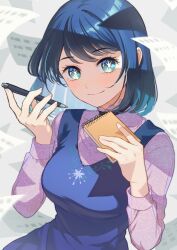 Rule 34 | 1girl, black choker, blue dress, blue eyes, blue hair, blush, breasts, choker, closed mouth, collarbone, commentary request, cowboy shot, dress, floating hair, flying paper, furukawa raku, hands up, highres, holding, holding notepad, holding pen, kurokawa akane, large breasts, long sleeves, looking at viewer, medium hair, notepad, oshi no ko, paper, partial commentary, pen, pinafore dress, see-through, see-through sleeves, shade, shadow, sidelocks, sleeveless, sleeveless dress, smile, solo, star-shaped pupils, star (symbol), swept bangs, symbol-shaped pupils, upper body