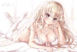 Rule 34 | 1girl, 9-nine-, akirahane, arm support, ass, bare arms, bare shoulders, bed sheet, blue eyes, blush, bow, bow bra, bra, bra pull, breasts, bridal veil, brown hair, cleavage, closed mouth, clothes pull, collarbone, covered erect nipples, dated, diamond hair ornament, eyelashes, fingernails, floral print, flower, frilled bra, frills, full body, hair between eyes, hair over shoulder, hand on own cheek, hand on own face, head tilt, highres, indoors, jewelry, kujou miyako, large breasts, legs, long hair, looking at viewer, lying, necklace, off shoulder, on bed, on stomach, panties, raised eyebrows, ring, ring necklace, rose, rose print, sidelocks, signature, skindentation, smile, soles, solo, sunlight, swinging legs, the pose, thighhighs, thighs, underwear, veil, very long hair, wavy hair, wedding ring, white background, white bow, white bra, white flower, white panties, white rose, white thighhighs, white veil, window